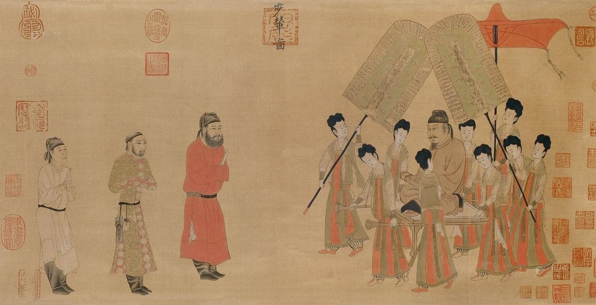 Emperor Taizong Receiving the Tibetan Envoy_ 描述了唐朝太宗皇帝（618–907）與來自西藏的宋傳贊（617–650）派遣的使者盧東贊的會面，陪同文成公主返回西藏成為他的皇后的過程。創作這幅畫的藝術家顏李奔（601–673）是唐朝早期最受尊敬的中國人物畫家之一