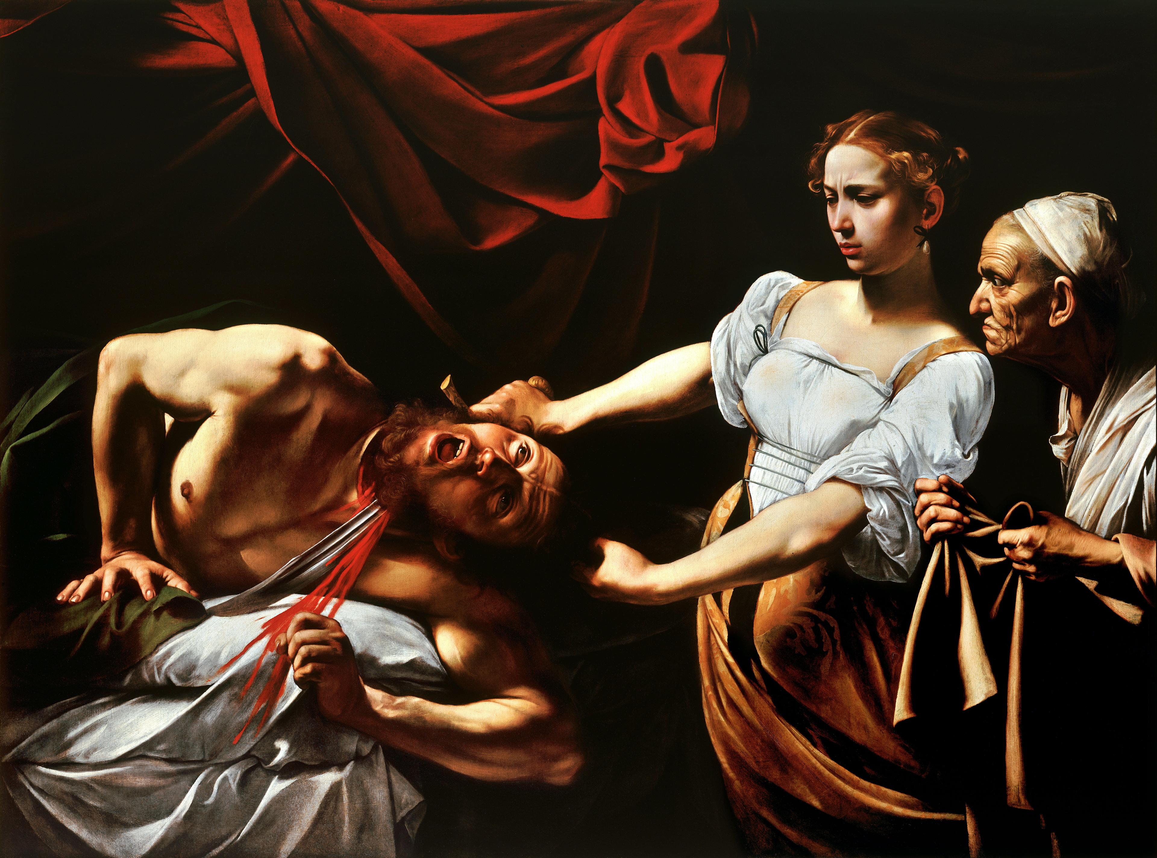 Judith Beheading Holofernes by Caravaggio the dramatic moment when Judith, a young Jewish widow, beheads the Assyrian general Holofernes to save her people. The composition features stark contrasts between light and dark, with the gruesome act of violence frozen in time. Caravaggio's use of chiaroscuro emphasizes the emotional intensity of the scene, highlighting Judith’s determination and the horror of the act. The painting is a masterful example of Caravaggio’s realistic style and his ability to convey power and drama through his use of light and shadow.